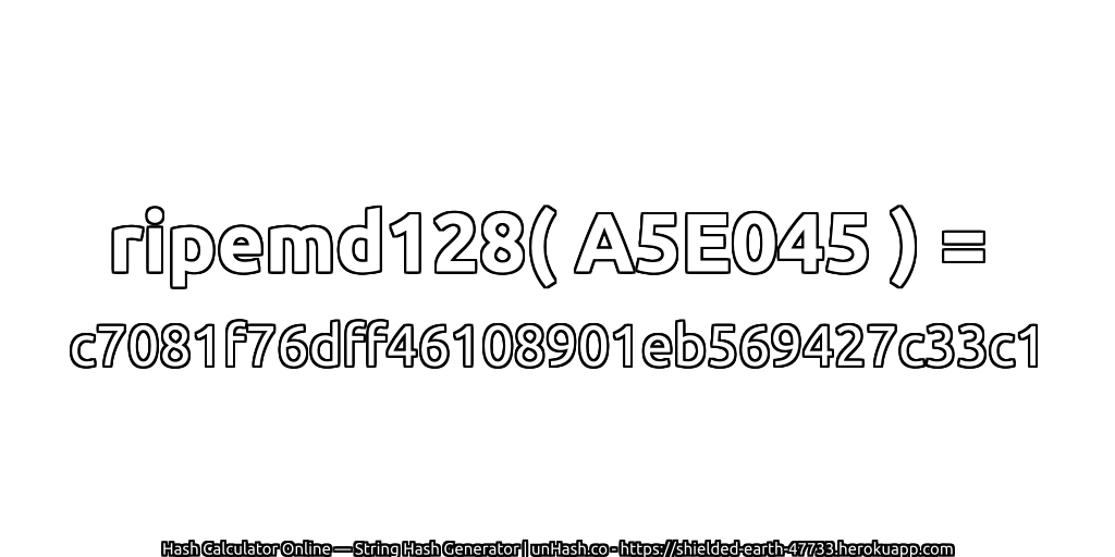 ripemd128( A5E045 ) = c7081f76dff46108901eb569427c33c1 | unHash.co