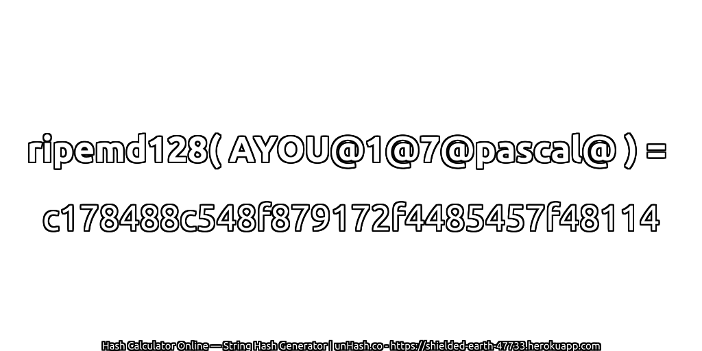 ripemd128( AYOU@1@7@pascal@ ) = c178488c548f879172f4485457f48114 | unHash.co