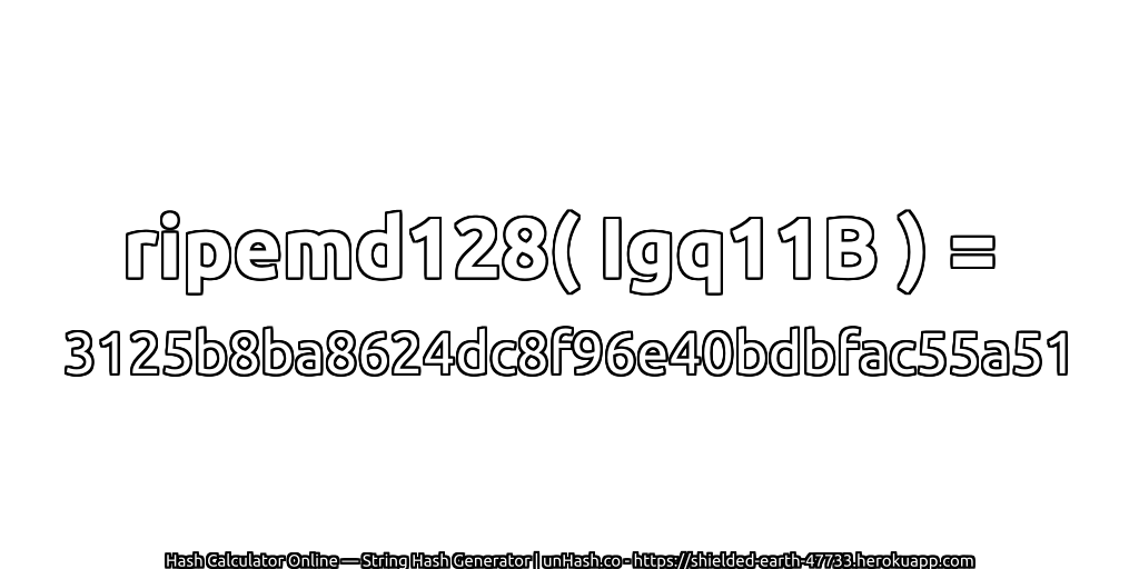 ripemd128( Igq11B ) = 3125b8ba8624dc8f96e40bdbfac55a51 | unHash.co
