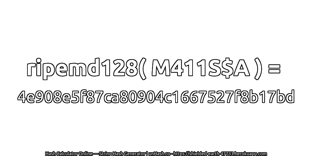 ripemd128( M411S$A ) = 4e908e5f87ca80904c1667527f8b17bd | unHash.co