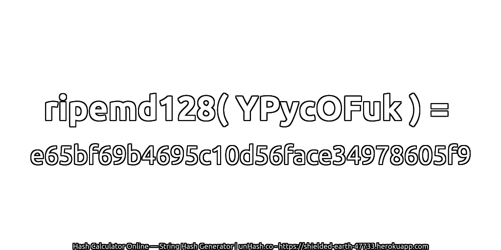 ripemd128( YPycOFuk ) = e65bf69b4695c10d56face34978605f9 | unHash.co