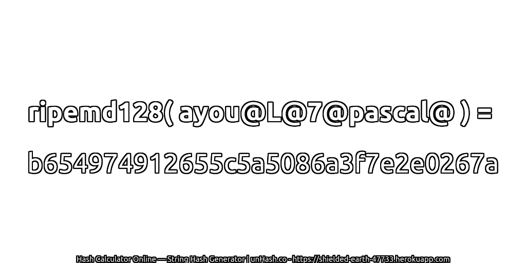 ripemd128( ayou@L@7@pascal@ ) = b654974912655c5a5086a3f7e2e0267a | unHash.co