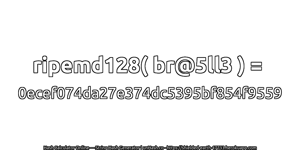 ripemd128( br@5ll3 ) = 0ecef074da27e374dc5395bf854f9559 | unHash.co