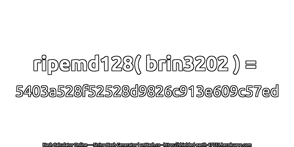 ripemd128( brin3202 ) = 5403a528f52528d9826c913e609c57ed | unHash.co