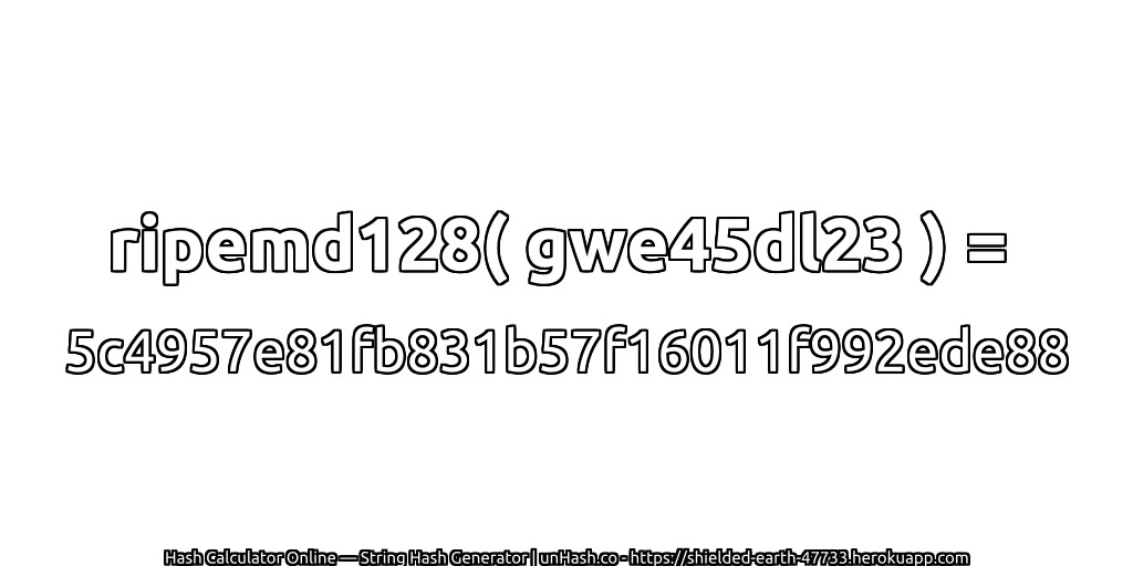 ripemd128( gwe45dl23 ) = 5c4957e81fb831b57f16011f992ede88 | unHash.co
