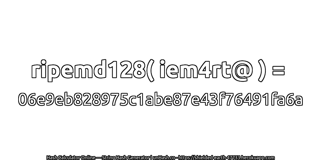 ripemd128( iem4rt@ ) = 06e9eb828975c1abe87e43f76491fa6a | unHash.co