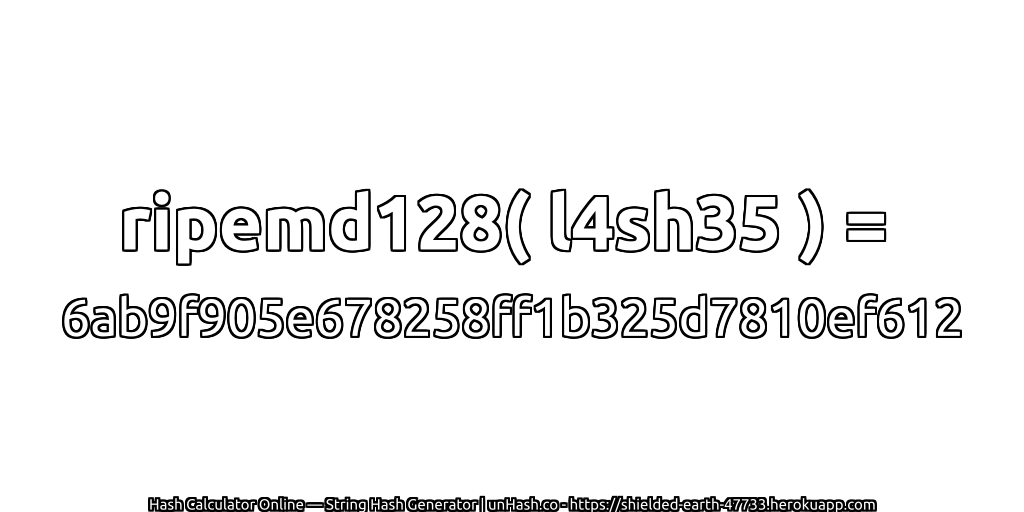 ripemd128( l4sh35 ) = 6ab9f905e678258ff1b325d7810ef612 | unHash.co
