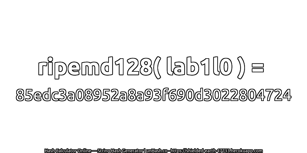 ripemd128( lab1l0 ) = 85edc3a08952a8a93f690d3022804724 | unHash.co