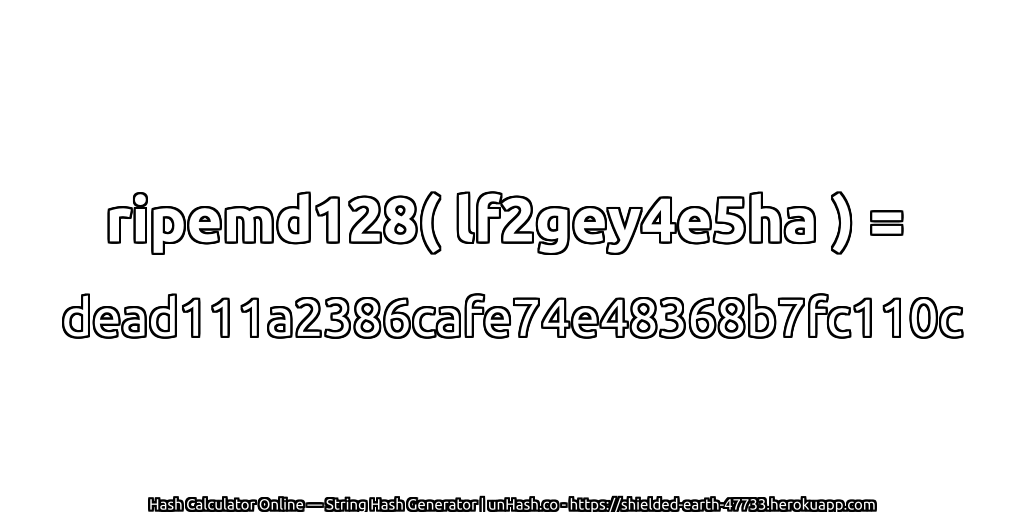 ripemd128( lf2gey4e5ha ) = dead111a2386cafe74e48368b7fc110c | unHash.co