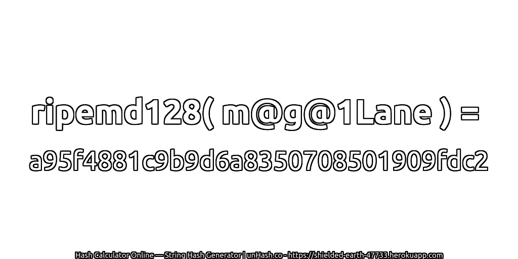 ripemd128( m@g@1Lane ) = a95f4881c9b9d6a8350708501909fdc2 | unHash.co