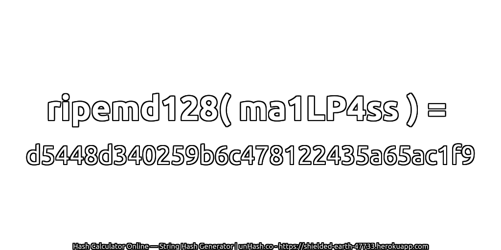 ripemd128( ma1LP4ss ) = d5448d340259b6c478122435a65ac1f9 | unHash.co
