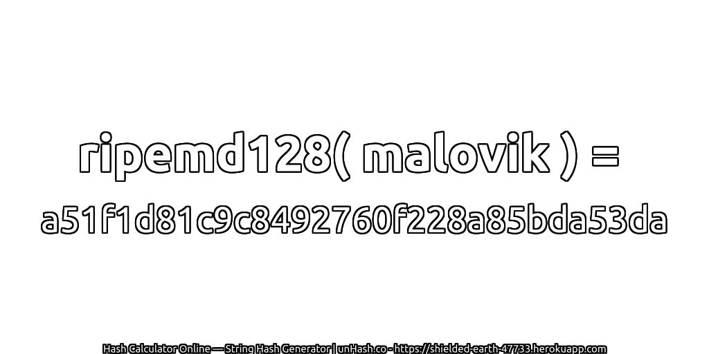 ripemd128( malovik ) = a51f1d81c9c8492760f228a85bda53da | unHash.co