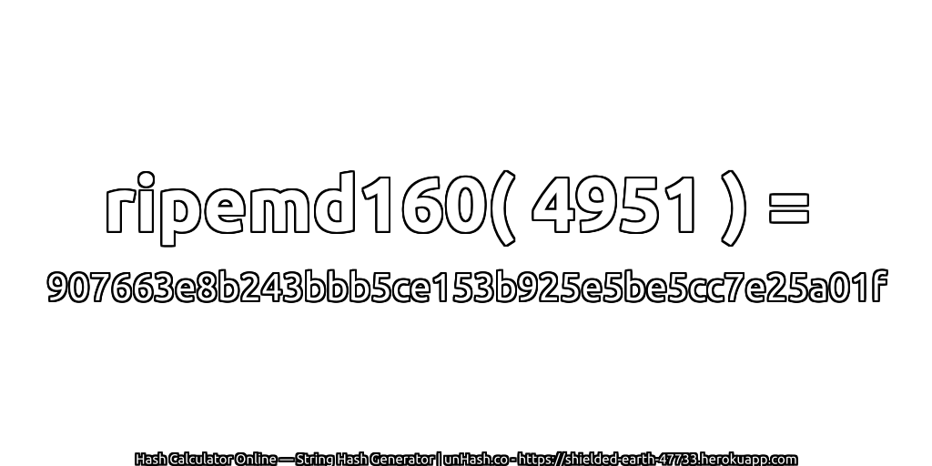 ripemd160( 4951 ) = 907663e8b243bbb5ce153b925e5be5cc7e25a01f | unHash.co