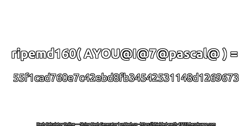 ripemd160( AYOU@I@7@pascal@ ) = 55f1cad760e7c42ebd8fb34542531148d1269673 | unHash.co