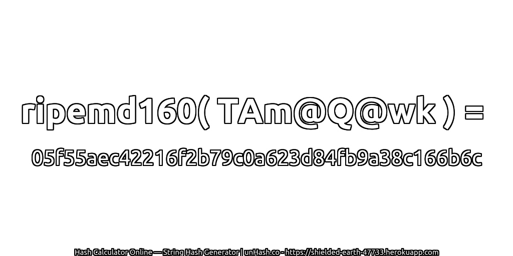 ripemd160( TAm@Q@wk ) = 05f55aec42216f2b79c0a623d84fb9a38c166b6c | unHash.co