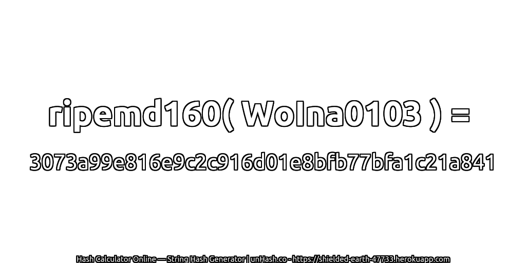 ripemd160( WoIna0103 ) = 3073a99e816e9c2c916d01e8bfb77bfa1c21a841 | unHash.co