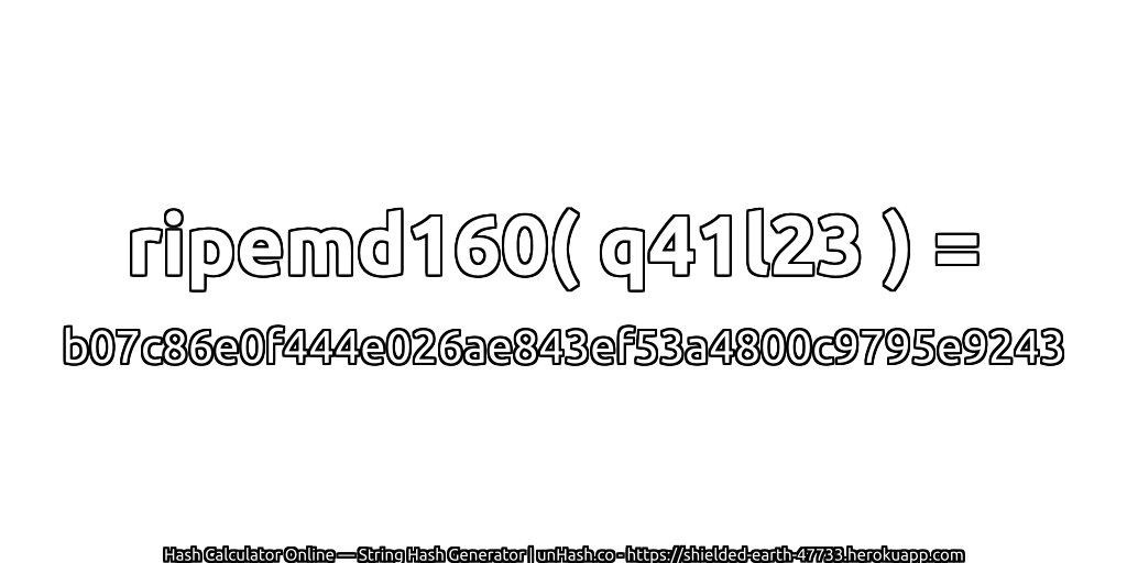ripemd160( q41l23 ) = b07c86e0f444e026ae843ef53a4800c9795e9243 | unHash.co