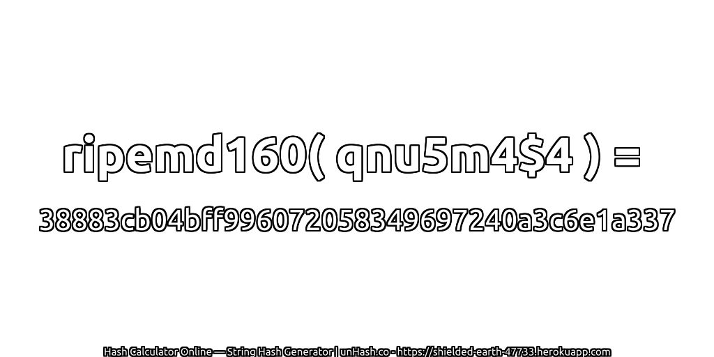 ripemd160( qnu5m4$4 ) = 38883cb04bff996072058349697240a3c6e1a337 | unHash.co