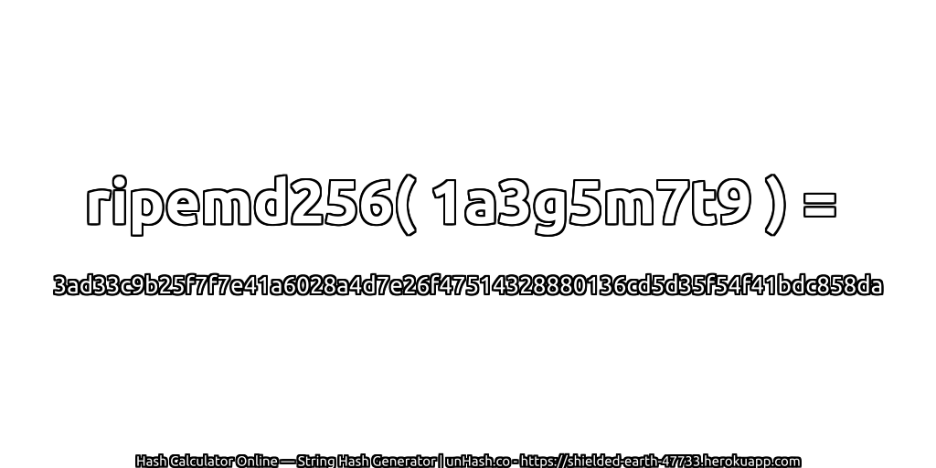 ripemd256( 1a3g5m7t9 ) = 3ad33c9b25f7f7e41a6028a4d7e26f47514328880136cd5d35f54f41bdc858da | unHash.co