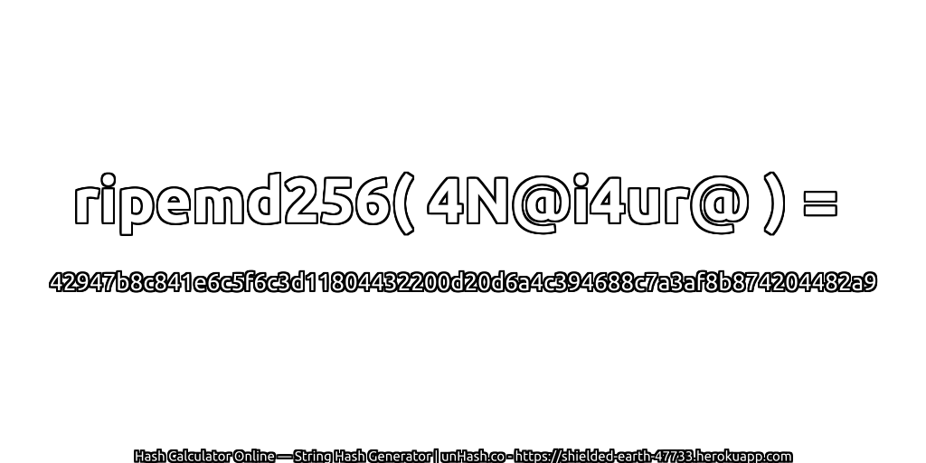 ripemd256( 4N@i4ur@ ) = 42947b8c841e6c5f6c3d11804432200d20d6a4c394688c7a3af8b874204482a9 | unHash.co