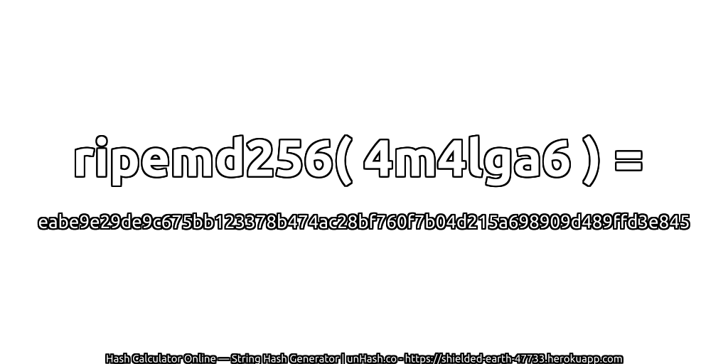 ripemd256( 4m4lga6 ) = eabe9e29de9c675bb123378b474ac28bf760f7b04d215a698909d489ffd3e845 | unHash.co