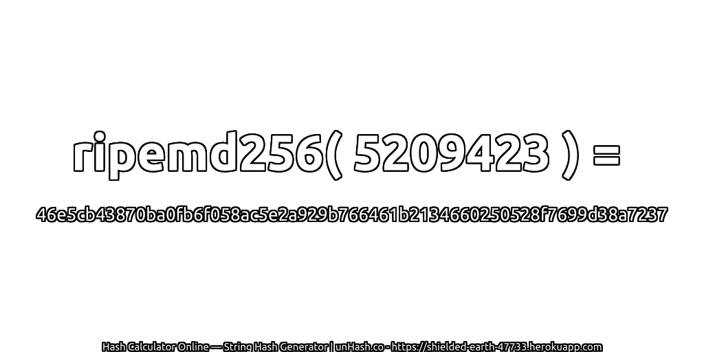 ripemd256( 5209423 ) = 46e5cb43870ba0fb6f058ac5e2a929b766461b2134660250528f7699d38a7237 | unHash.co