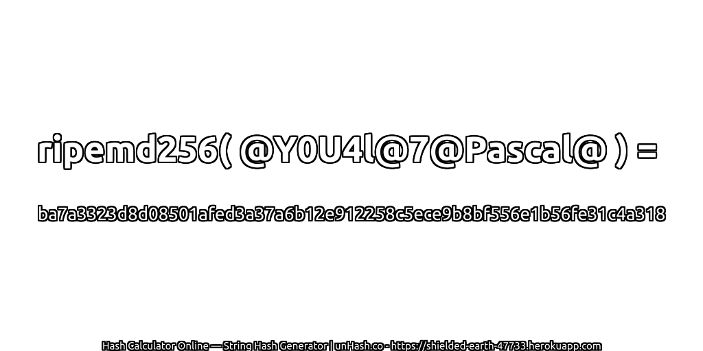 ripemd256( @Y0U4l@7@Pascal@ ) = ba7a3323d8d08501afed3a37a6b12e912258c5ece9b8bf556e1b56fe31c4a318 | unHash.co