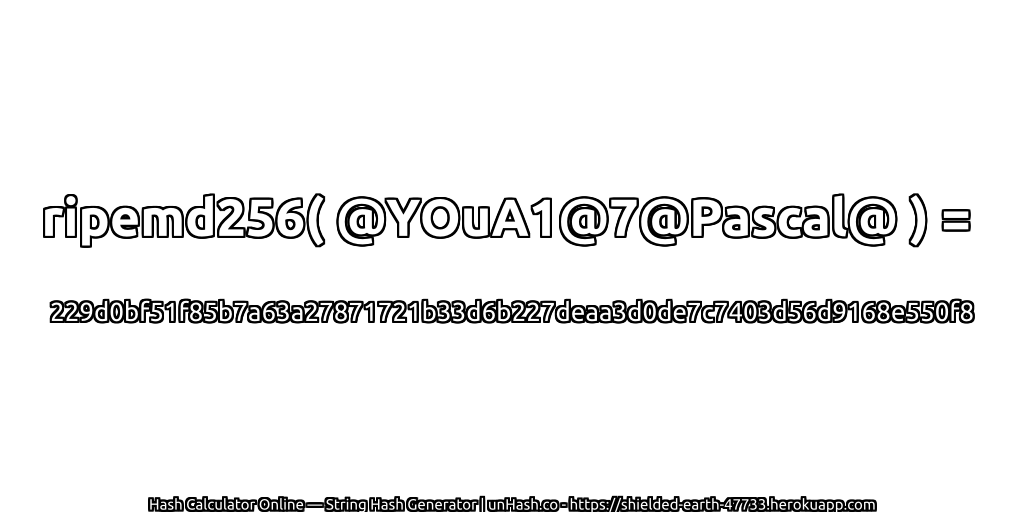 ripemd256( @YOuA1@7@Pascal@ ) = 229d0bf51f85b7a63a27871721b33d6b227deaa3d0de7c7403d56d9168e550f8 | unHash.co