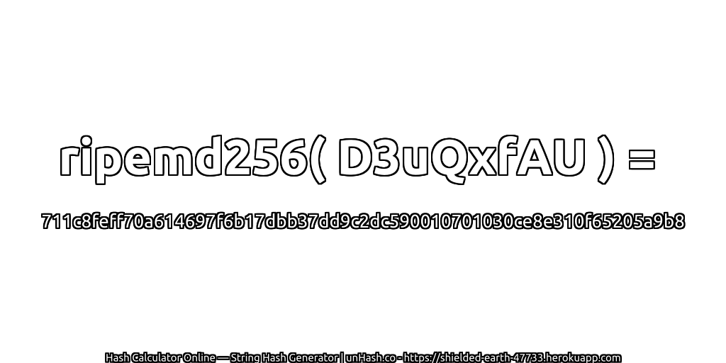 ripemd256( D3uQxfAU ) = 711c8feff70a614697f6b17dbb37dd9c2dc590010701030ce8e310f65205a9b8 | unHash.co