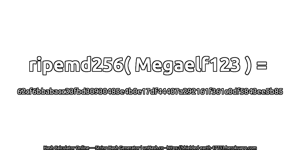 ripemd256( Megaelf123 ) = 62cf6bbabacc33fbd30930485e4b0e17df44407a292161f361c0df5843ee5b85 | unHash.co