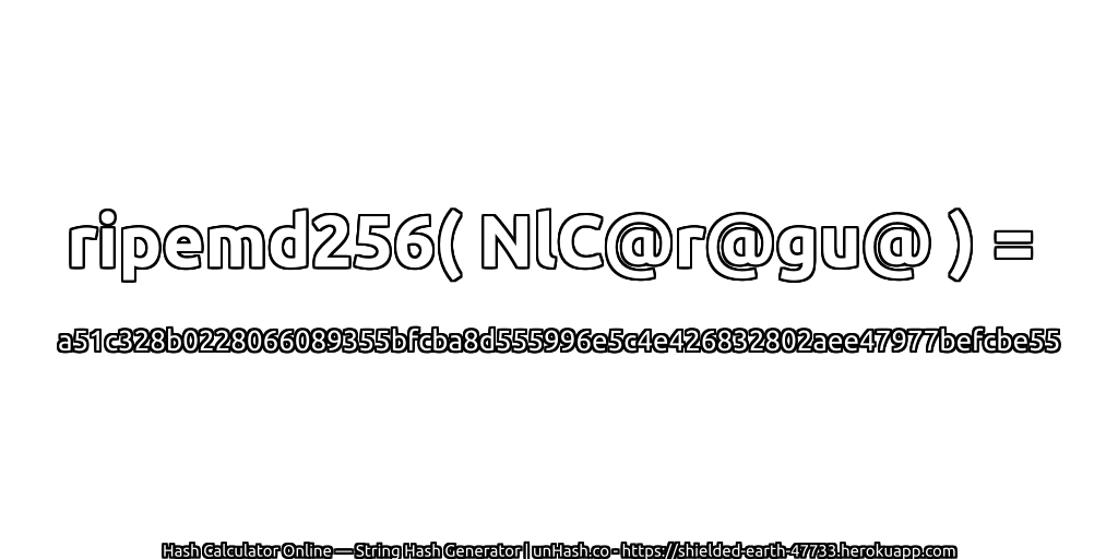 ripemd256( NlC@r@gu@ ) = a51c328b0228066089355bfcba8d555996e5c4e426832802aee47977befcbe55 | unHash.co