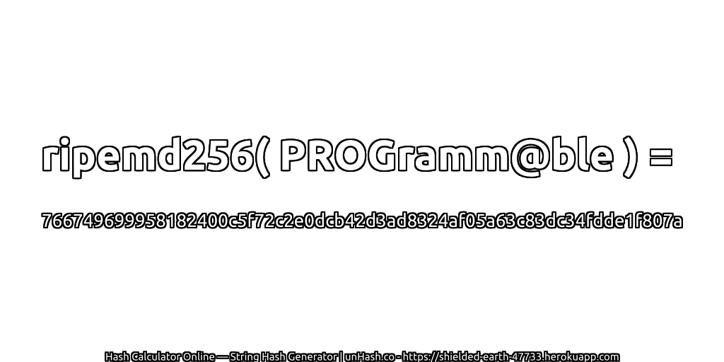 ripemd256( PROGramm@ble ) = 766749699958182400c5f72c2e0dcb42d3ad8324af05a63c83dc34fdde1f807a | unHash.co