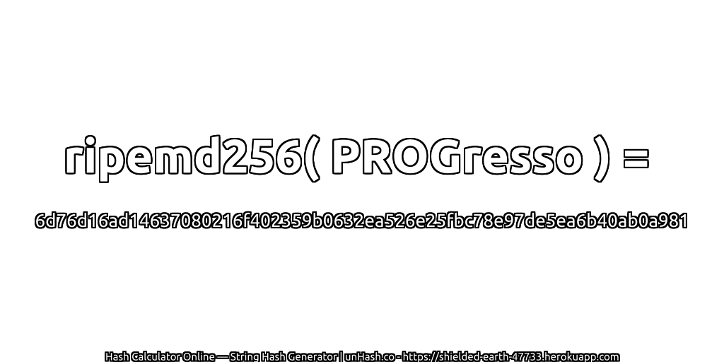 ripemd256( PROGresso ) = 6d76d16ad14637080216f402359b0632ea526e25fbc78e97de5ea6b40ab0a981 | unHash.co