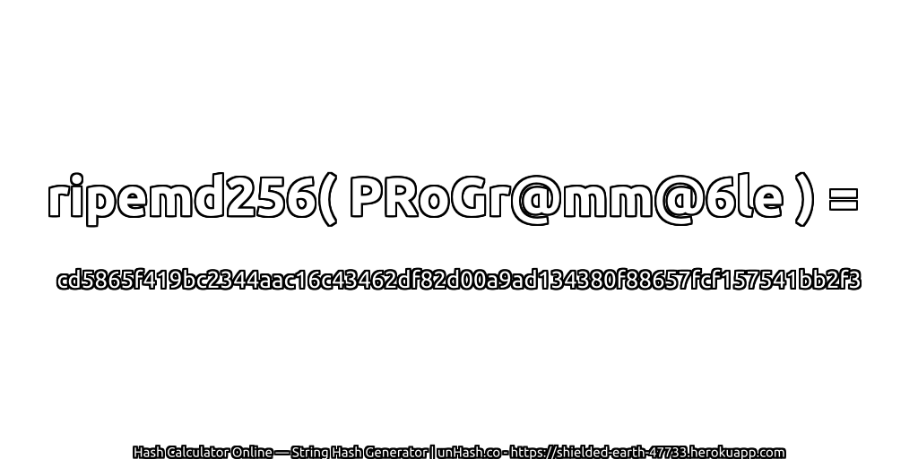 ripemd256( PRoGr@mm@6le ) = cd5865f419bc2344aac16c43462df82d00a9ad134380f88657fcf157541bb2f3 | unHash.co