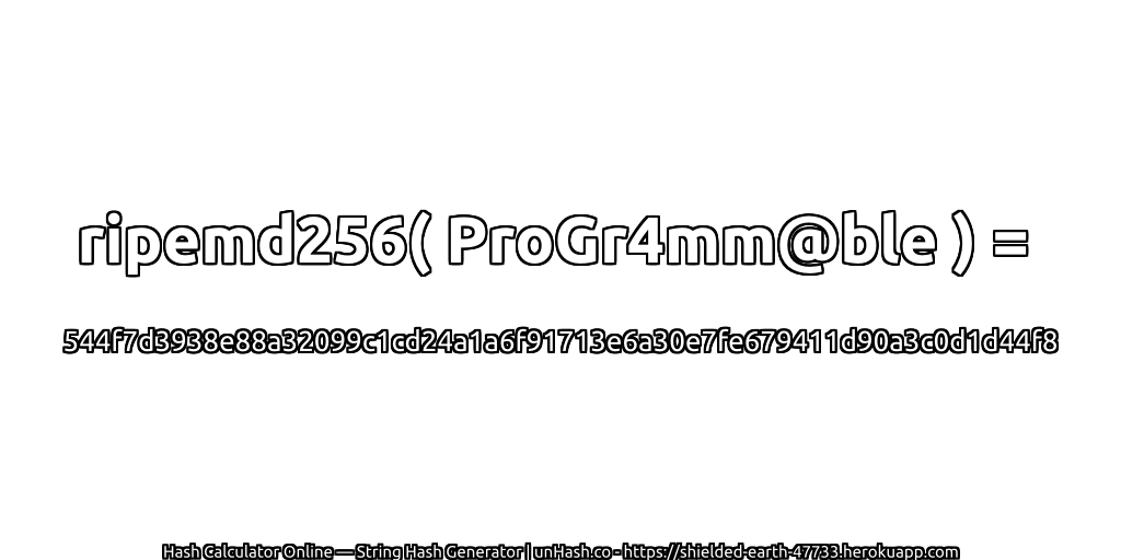 ripemd256( ProGr4mm@ble ) = 544f7d3938e88a32099c1cd24a1a6f91713e6a30e7fe679411d90a3c0d1d44f8 | unHash.co