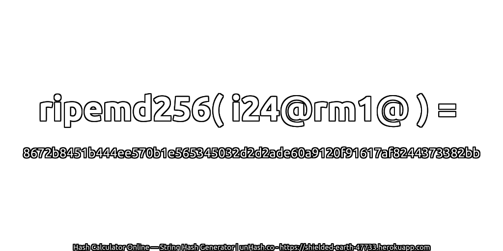 ripemd256( i24@rm1@ ) = 8672b8451b444ee570b1e565345032d2d2ade60a9120f91617af8244373382bb | unHash.co