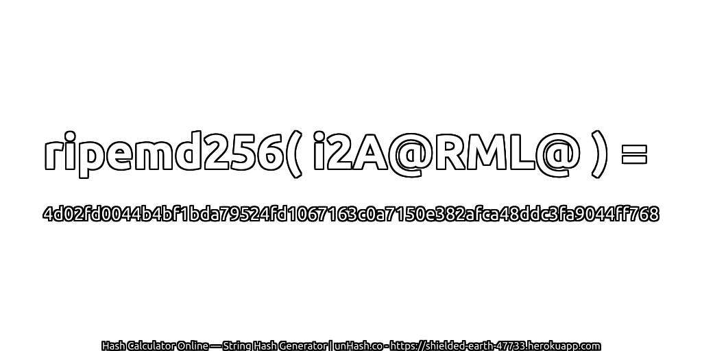 ripemd256( i2A@RML@ ) = 4d02fd0044b4bf1bda79524fd1067163c0a7150e382afca48ddc3fa9044ff768 | unHash.co