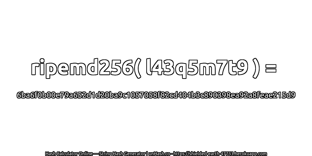 ripemd256( l43q5m7t9 ) = 6ba6f0b00e79a652d1d20ba9c1057058f82cd404b3c890398ea92a8feae215d9 | unHash.co