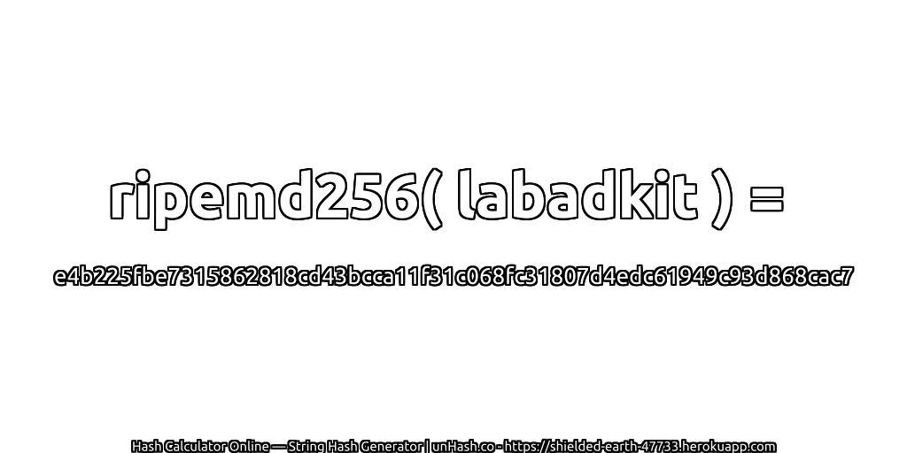 ripemd256( labadkit ) = e4b225fbe7315862818cd43bcca11f31c068fc31807d4edc61949c93d868cac7 | unHash.co
