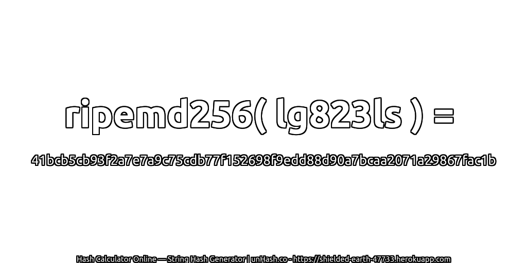 ripemd256( lg823ls ) = 41bcb5cb93f2a7e7a9c75cdb77f152698f9edd88d90a7bcaa2071a29867fac1b | unHash.co