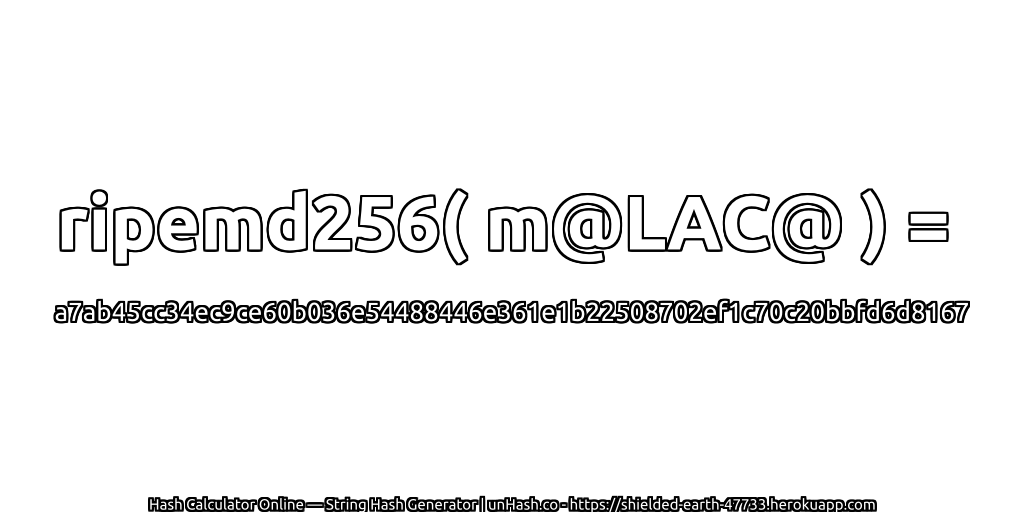 ripemd256( m@LAC@ ) = a7ab45cc34ec9ce60b036e54488446e361e1b22508702ef1c70c20bbfd6d8167 | unHash.co