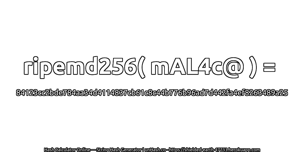 ripemd256( mAL4c@ ) = 84123cc2bde784aa34d4114837cb61c8c44b776b96ad7d442fa4ef8263489a25 | unHash.co