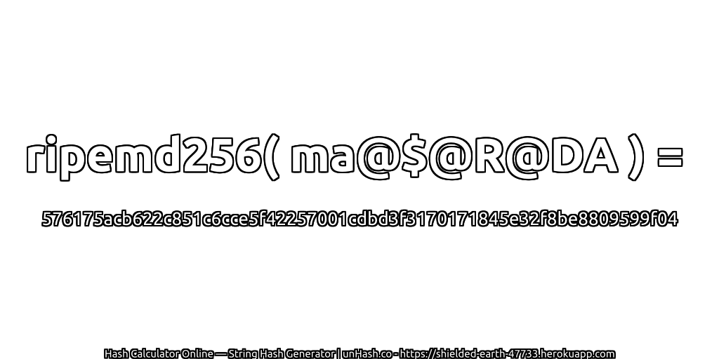 ripemd256( ma@$@R@DA ) = 576175acb622c851c6cce5f42257001cdbd3f3170171845e32f8be8809599f04 | unHash.co