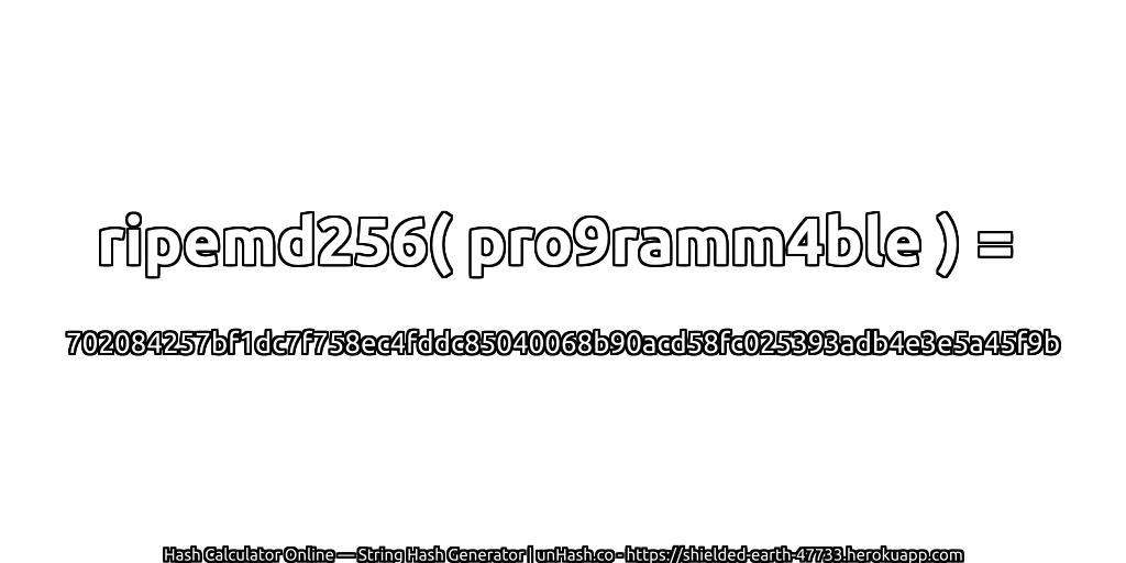 ripemd256( pro9ramm4ble ) = 702084257bf1dc7f758ec4fddc85040068b90acd58fc025393adb4e3e5a45f9b | unHash.co