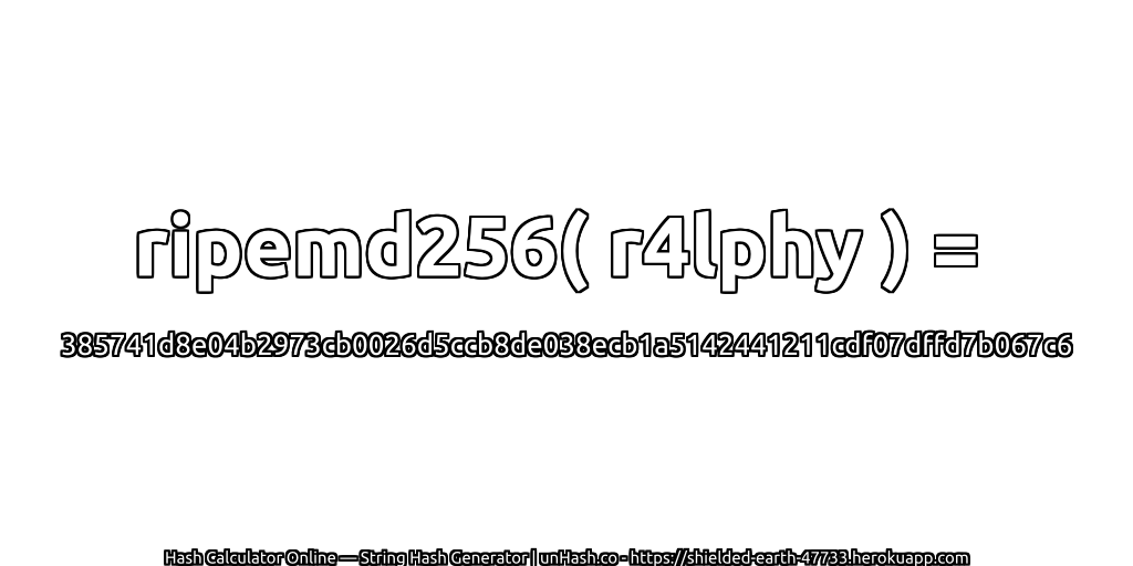 ripemd256( r4lphy ) = 385741d8e04b2973cb0026d5ccb8de038ecb1a5142441211cdf07dffd7b067c6 | unHash.co