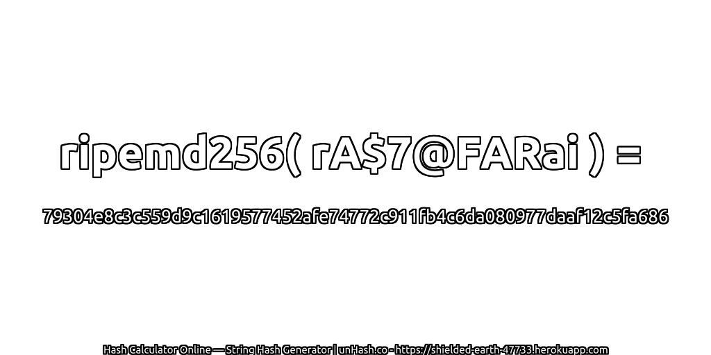 ripemd256( rA$7@FARai ) = 79304e8c3c559d9c1619577452afe74772c911fb4c6da080977daaf12c5fa686 | unHash.co