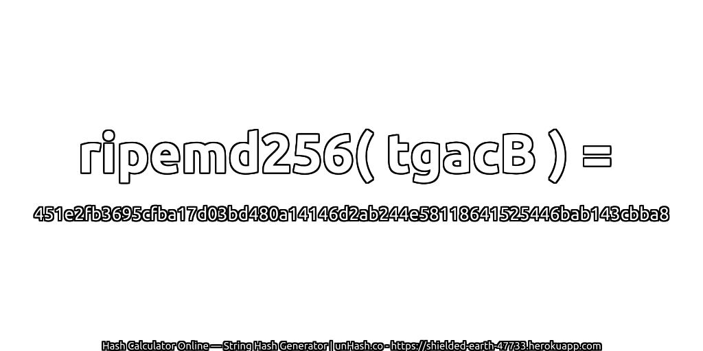 ripemd256( tgacB ) = 451e2fb3695cfba17d03bd480a14146d2ab244e58118641525446bab143cbba8 | unHash.co