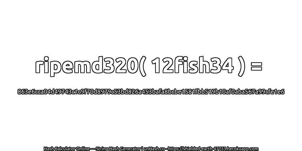 ripemd320( 12fish34 ) = 863e6cca04d49743c1c9f70d8979c53bd826a453bafa8bcbe1581fbb519b10af0aba567a99cfe1e6 | unHash.co