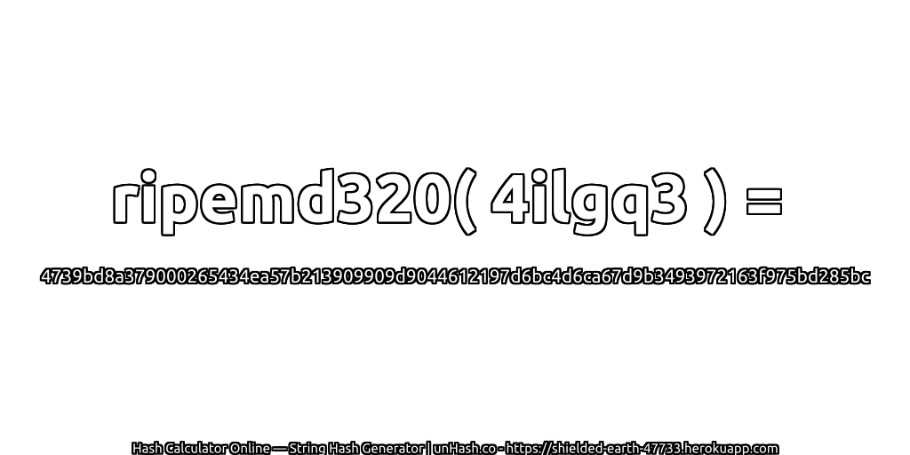 ripemd320( 4ilgq3 ) = 4739bd8a379000265434ea57b213909909d9044612197d6bc4d6ca67d9b3493972163f975bd285bc | unHash.co