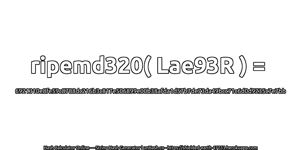 ripemd320( Lae93R ) = 6921310e8fe59c8788dc216b3c817e506899e00b38afda1d57b7de73da49bcc71c6d0d9235c7e7bb | unHash.co